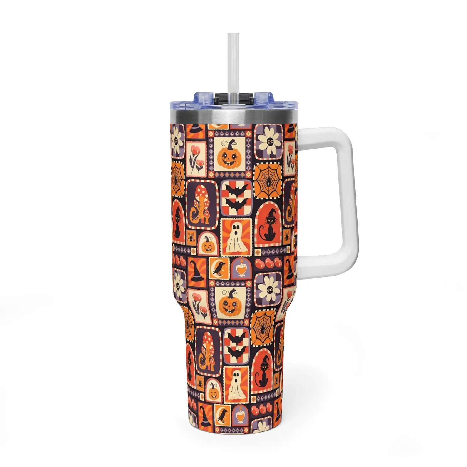 Retro Halloween Patchwork 40oz Tumbler with Handle, Vintage Spooky Ghost Pumpkin Quencher, Cozy Autumn Cat Travel Mug, 40oz tumbler. TBLPETAL11