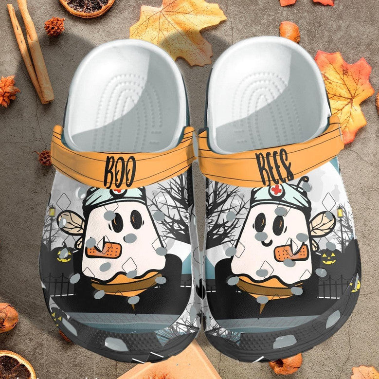 Halloween Ghost Nurse Clogs – Cute Boo Bees Spooky Slip-On Shoes with Pumpkin, Bat & Haunted Night Design for Fall Halloween Gifts. CLPETAL16