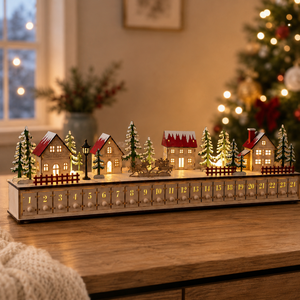 Lighted Wooden Christmas Village Advent Calendar with 24 Drawers, Santa Sleigh Holiday Countdown Decor – ACPETAL07