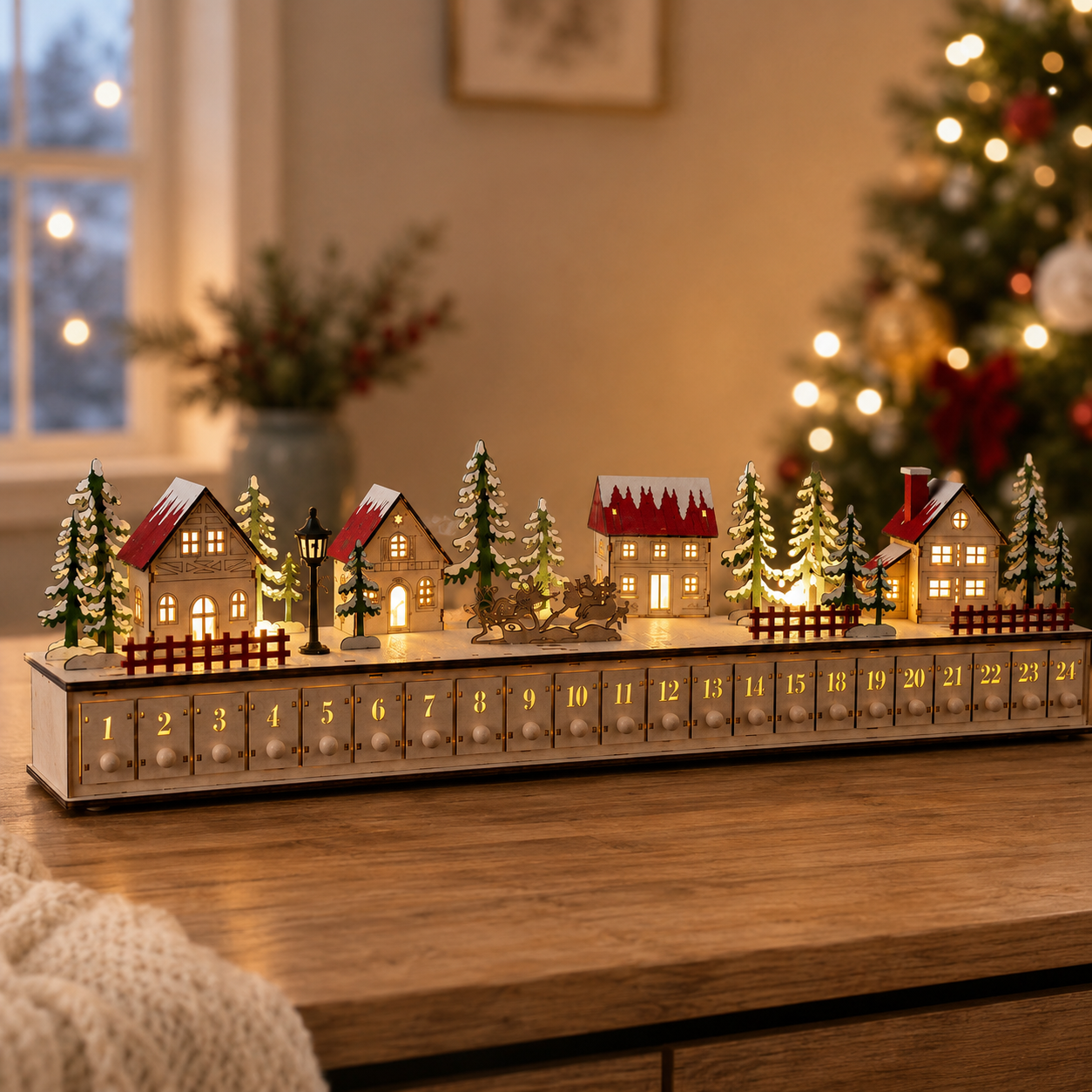 Lighted Wooden Christmas Village Advent Calendar with 24 Drawers, Santa Sleigh Holiday Countdown Decor – ACPETAL07