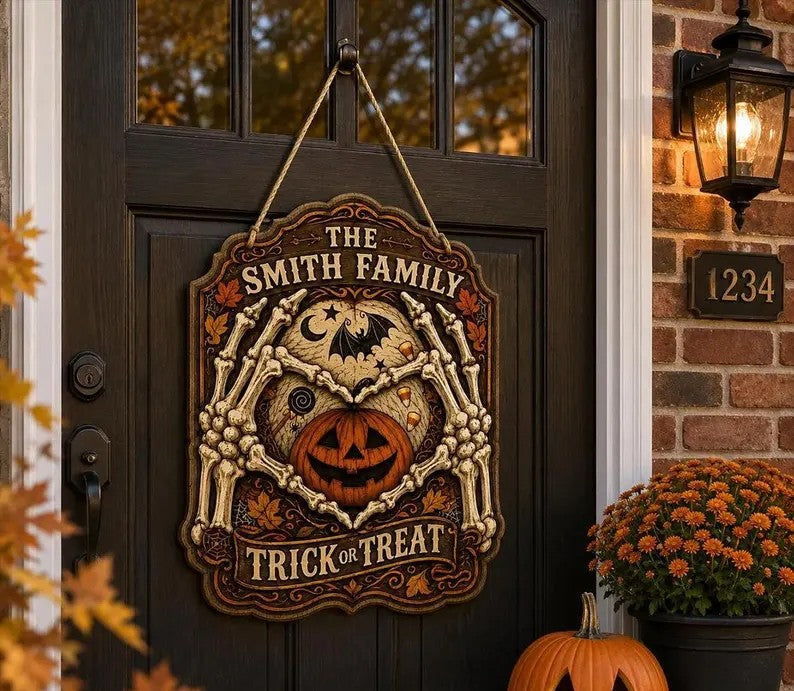 Personalized Halloween Wood Sign, Family Name Trick Or Treat Door Hanger, Skeleton Hands Pumpkin Porch Decor, Fall Fence Sign. HLWDHPETAL04