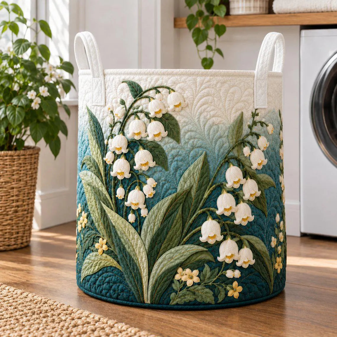 Lily of the Valley Quilted Laundry Basket, Floral Storage Hamper, Botanical Fabric Basket, Cottagecore Home Organizer 	LBPETAL168
