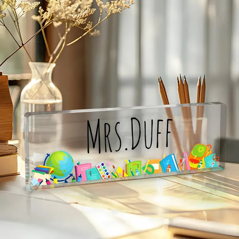 Personalized Teacher Desk Name Plate, Custom Acrylic Classroom Sign, School Decor, Back to School Gift. DNPETAL06