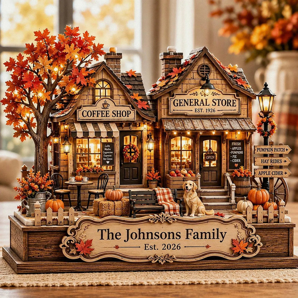 Custom Harvest Festival Village Wooden Block, Rustic Autumn Village, Personalized Family Fall Sign, Coffee Shop Decor, Thanksgiving Decor. WBPETAL12