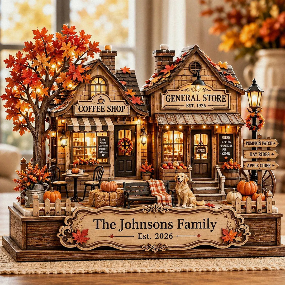 Custom Harvest Festival Village Wooden Block, Rustic Autumn Village, Personalized Family Fall Sign, Coffee Shop Decor, Thanksgiving Decor. WBPETAL12