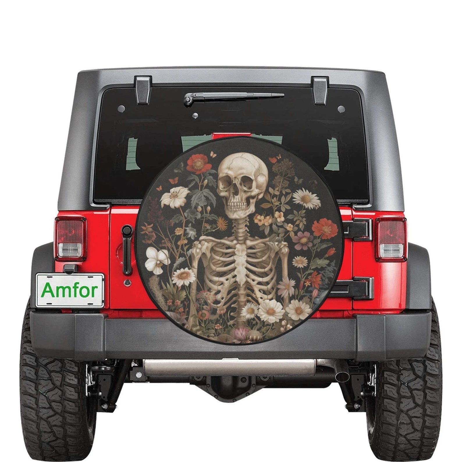 Floral Skeleton Spare Tire Cover, Retro Flowers Skull Cottagecore Backup Camera Hole Rear Wheel Trailer Camper RV Back Men Women Protector. TCPETAL7