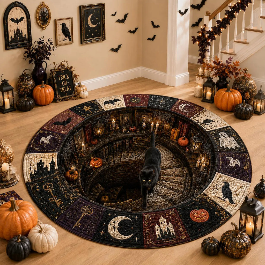Halloween Black Cat Circle Rug, 3D Vortex Illusion Round Rug, Fall Autumn Leaves Spooky Decor, Witchy Floor Carpet Gift for Halloween. QRPETAL25