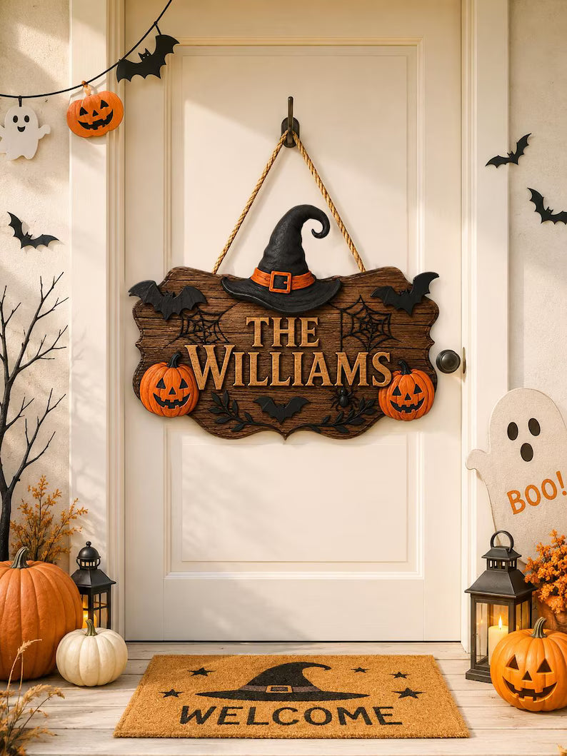 Personalized Halloween Door Sign, Custom Family Name Pumpkin Plaque, Haunted House Welcome Sign, Wooden Halloween Door Sign, Halloween Gift. HLWDHPETAL08