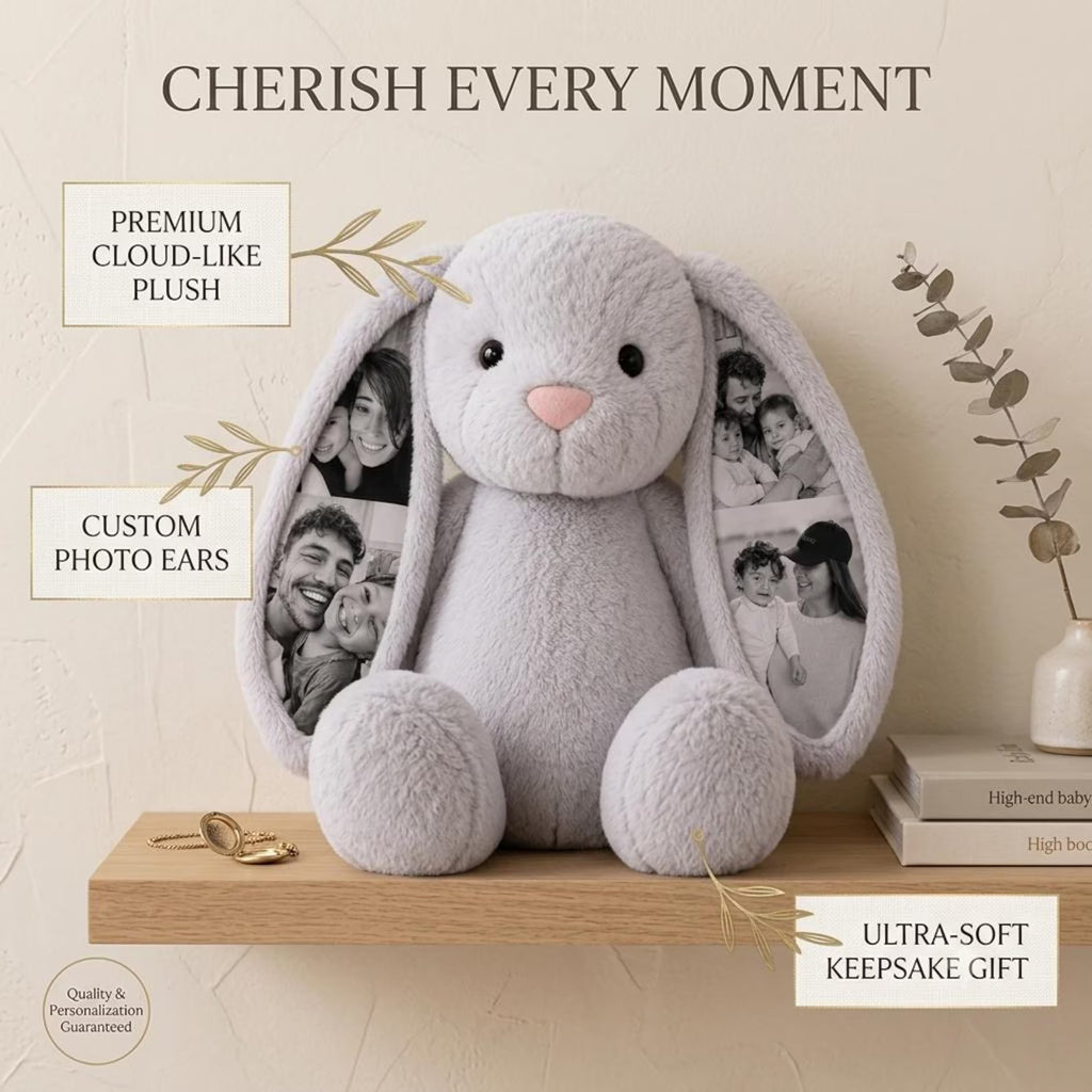 Custom Photo Bunny Plush, Personalized Picture Ear Gift for Girlfriend Boyfriend, Anniversary Birthday Gift, Memory Keepsake. BPPETAL1