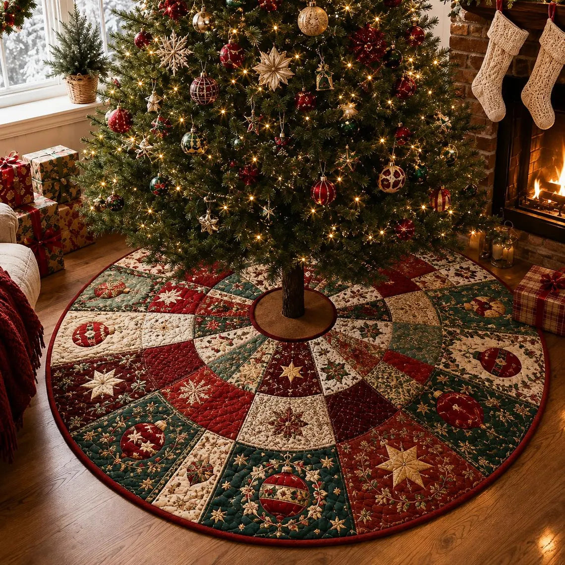 Christmas Tree Skirt, Quilt Style Snowflake Tree Mat, Xmas Holiday Decor, Traditional Farmhouse Christmas Decor. CTSPETAL17