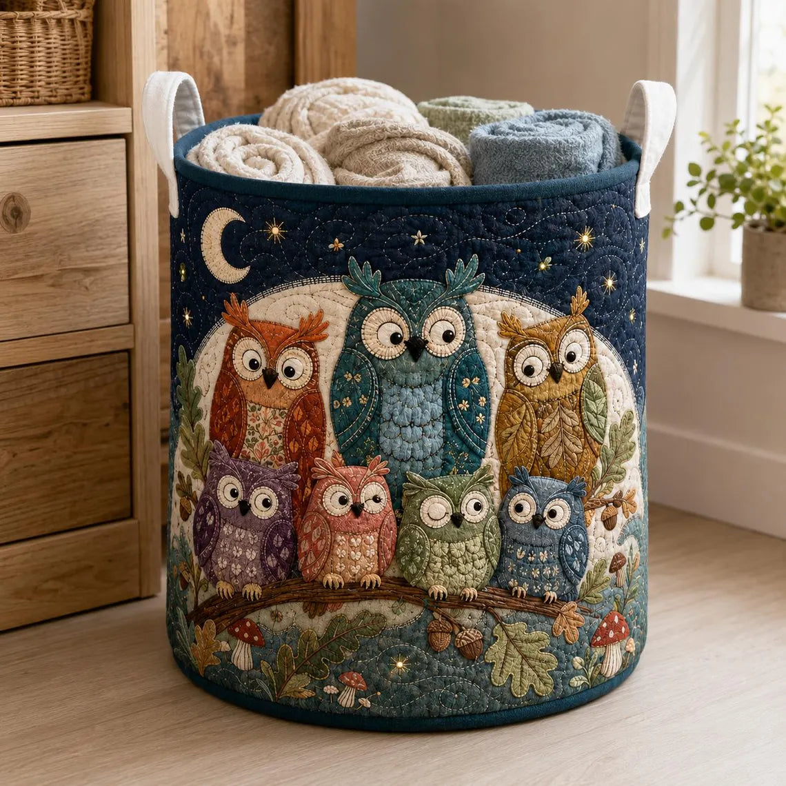 Quilted Owl Laundry Basket, Woodland Nursery Clothes Hamper	LBPETAL171
