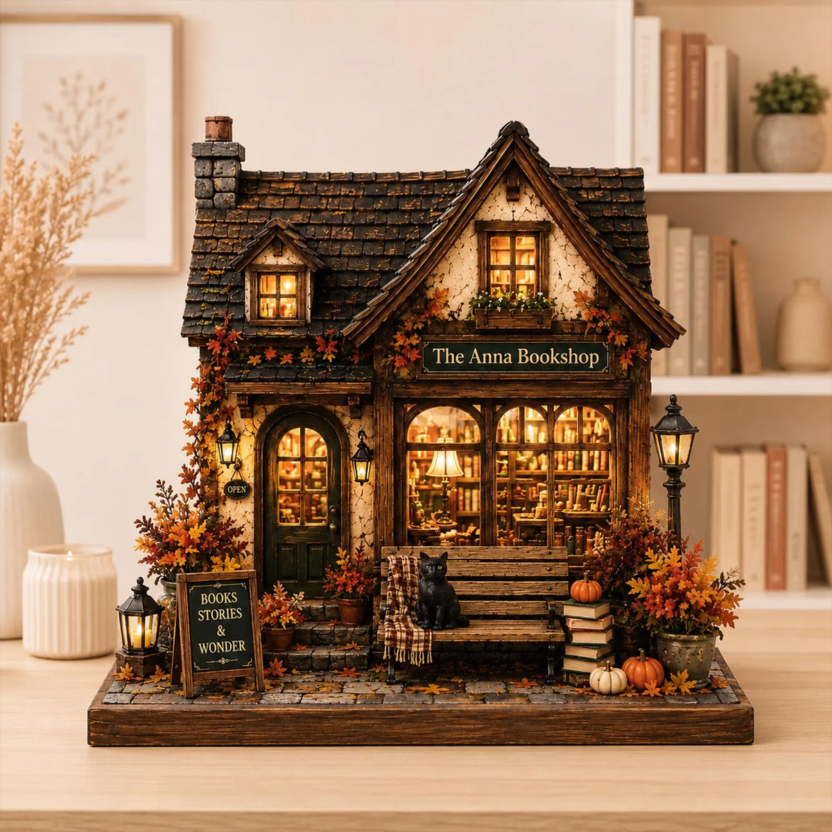 Personalized Fall House Wooden Block, Autumn Home Shelf Decor, Custom Family Name Cottage Sign, Pumpkin Porch Mantel Gift. WBPETAL4