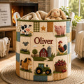 Personalized Farm Animal Quilt Laundry Basket, Custom Name Barnyard Hamper, Cow Pig Sheep Horse Storage Bin, Kids Nursery Farmhouse Decor	LBPETAL192