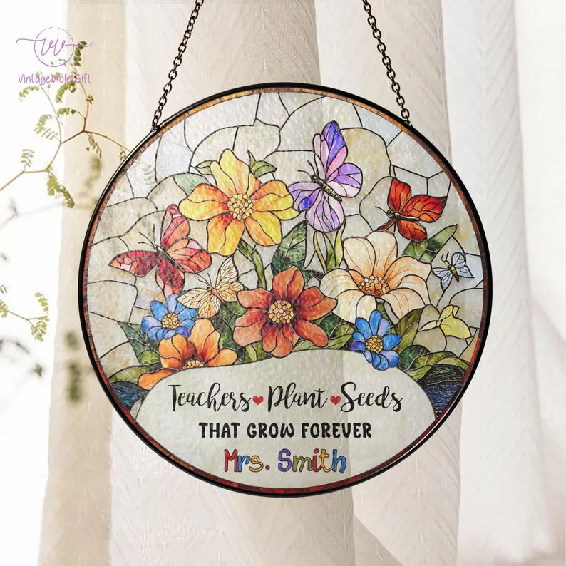 Personalized Teacher Stained Glass Suncatcher, Teacher Appreciation Gift, Back To School Gift, Teacher Gift, Windown Hanging Classroom Decor. SUNPETAL19