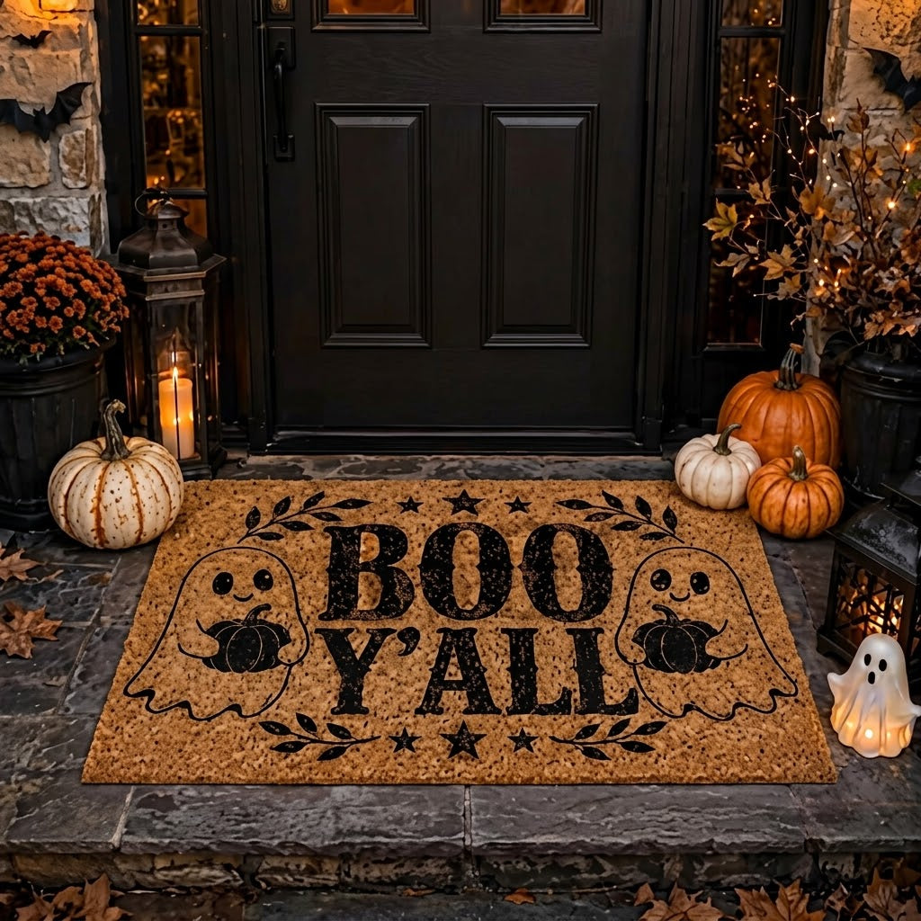 Boo Y’all Doormat, Halloween Ghost Welcome Mat, Fall Porch Decor, Funny Halloween Coir Doormat. DMPETAL23