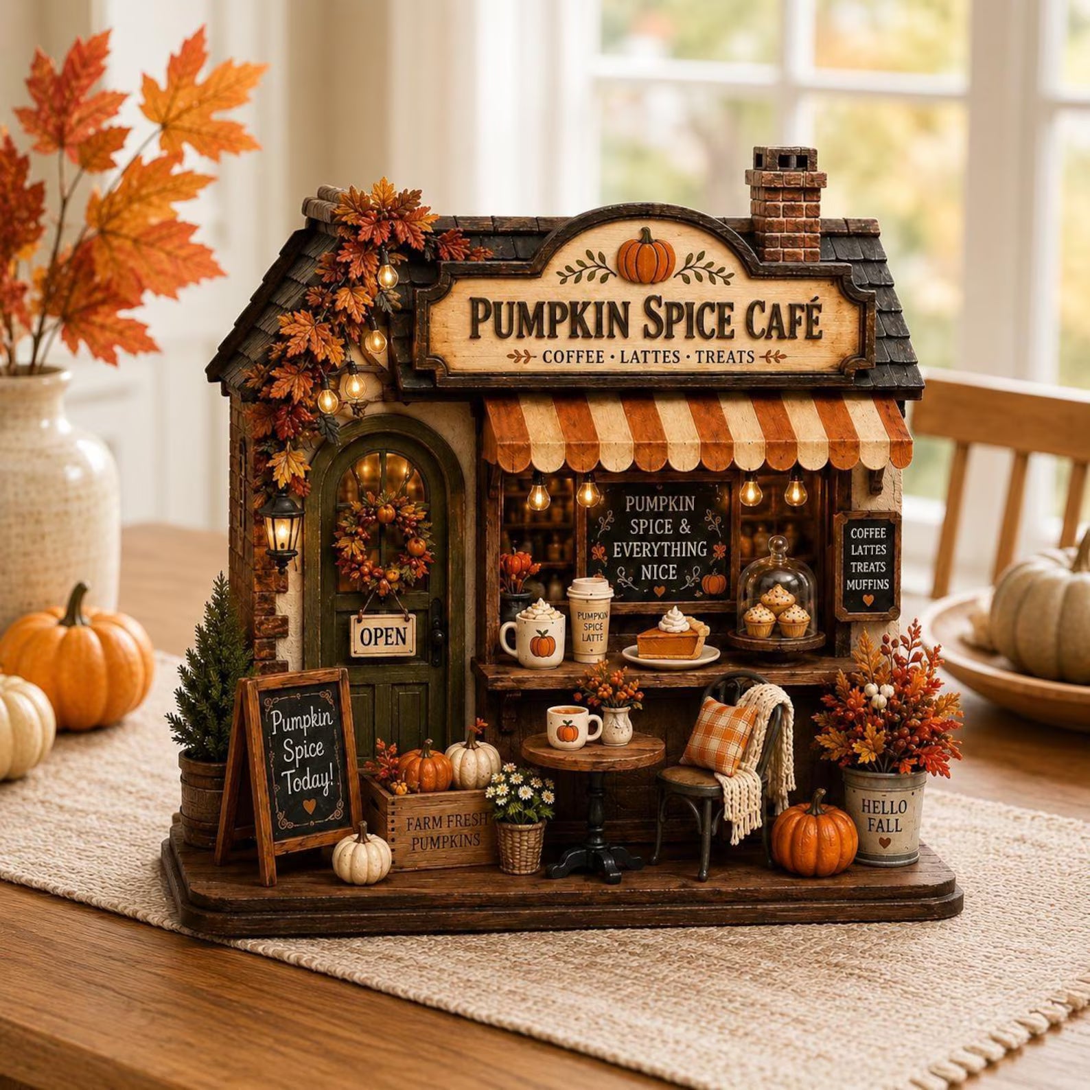 Door Hangers Personalized Autumn Coffee Shop Wooden Block, Custom Fall Café Shelf Decor, Rustic Harvest Village House, Cozy Thanksgiving Gift. WBPETAL8