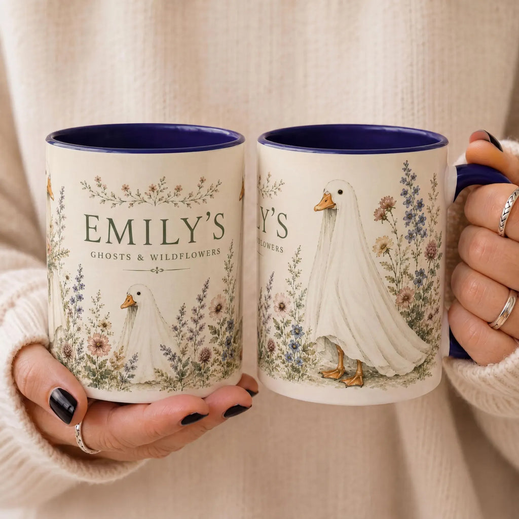 Personalized Ghost Mug, Ghost Wildflowers Mug, Custom Halloween Coffee Mug, Cute Goose Mug, Spooky Season Gift. MPETAL11