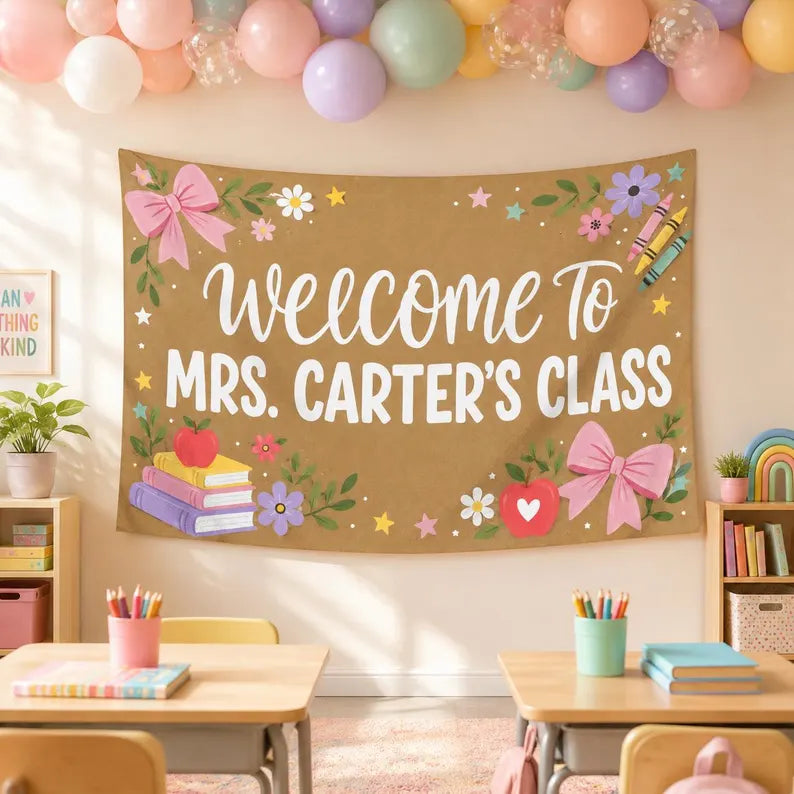 Custom Teacher Name Classroom Banner, Personalized Welcome to My Class Backdrop, Coquette Boho Teacher Gift, Back to School Decor 2026.CBPETAL08
