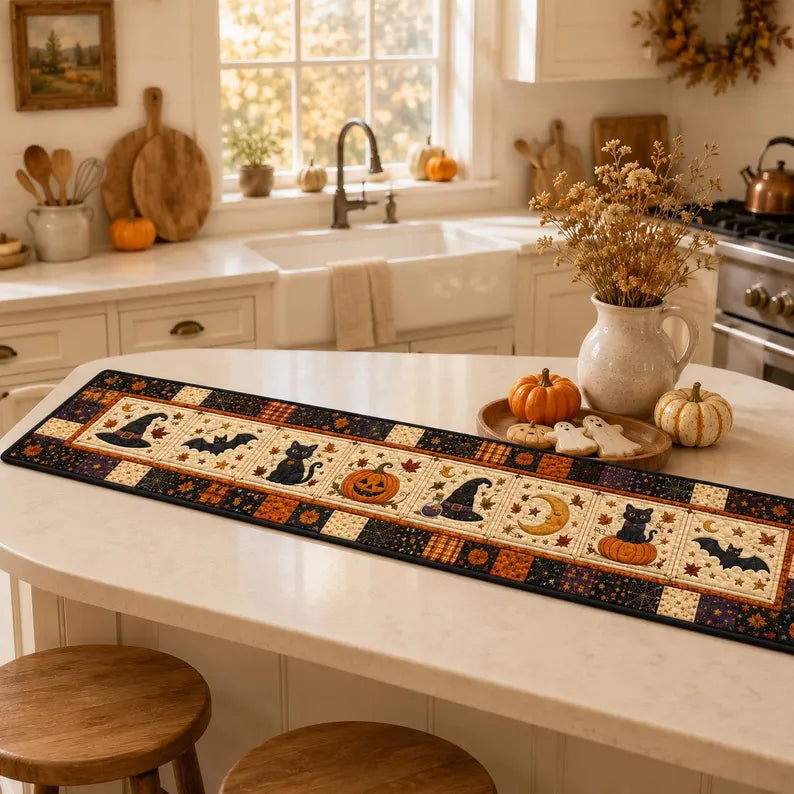 Halloween Quilted Table Runner: Black Cat, Pumpkin and Witch Patchwork October Dinners Decor, Winter Fall Spooky Table Linen. QTRPETAL13
