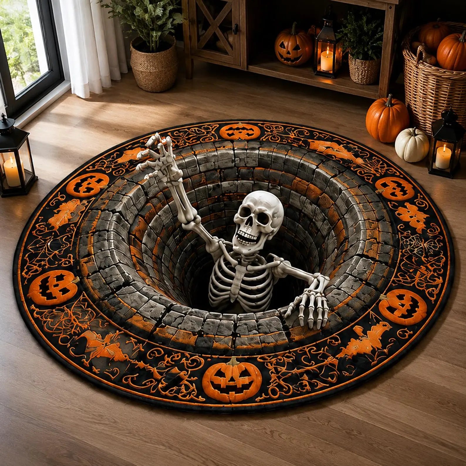 3D Skeleton Optical Illusion Round Rug Halloween Floor Mat Spooky Pumpkin Hole Carpet Scary Bottomless Pit Home Decor Halloween Party Rug. QRPETAL20