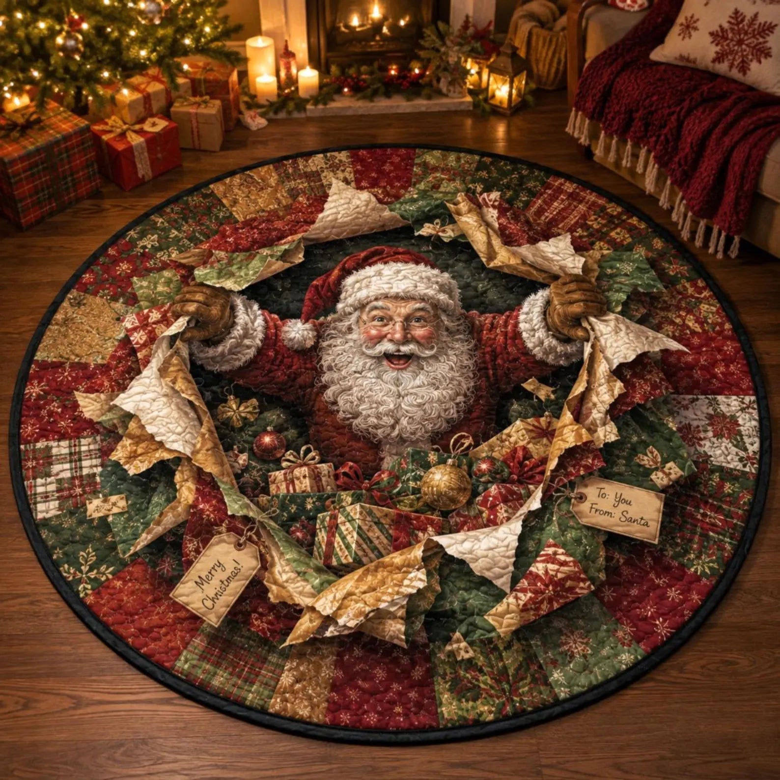 Christmas Quilted Rug, Santa Claus Round Rug, Vintage Patchwork Christmas Rug, Holiday Floor Mat, Festive Santa Home Decor, Xmas Gift. QRPETAL37