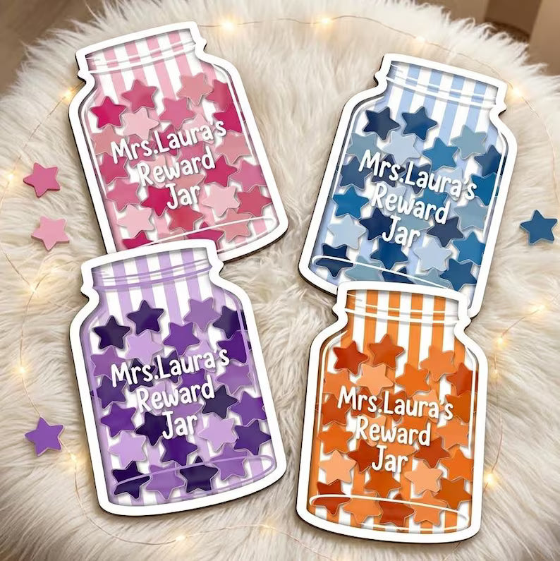 Personalized Striped Teacher Reward Jar, Custom Classroom Star Reward Chart, Back To School Gift. RJPETAL09