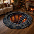 Hidden Library Portal Round Rug, Halloween 3D Illusion Floor Mat, Spooky Staircase Rug, Quilted Gothic Home Decor. QRPETAL22