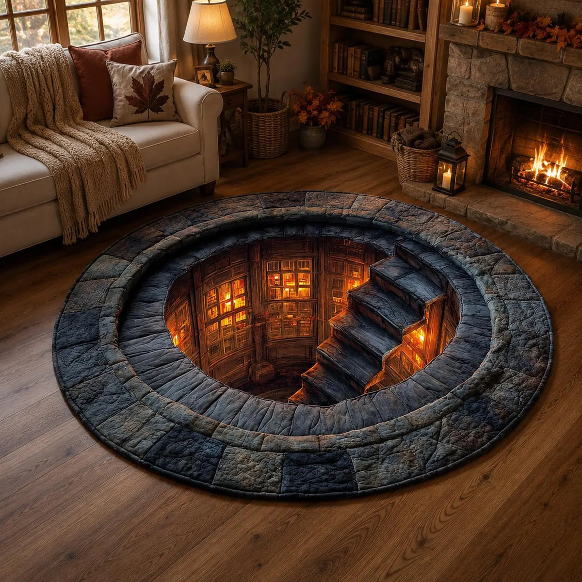 Hidden Library Portal Round Rug, Halloween 3D Illusion Floor Mat, Spooky Staircase Rug, Quilted Gothic Home Decor. QRPETAL22