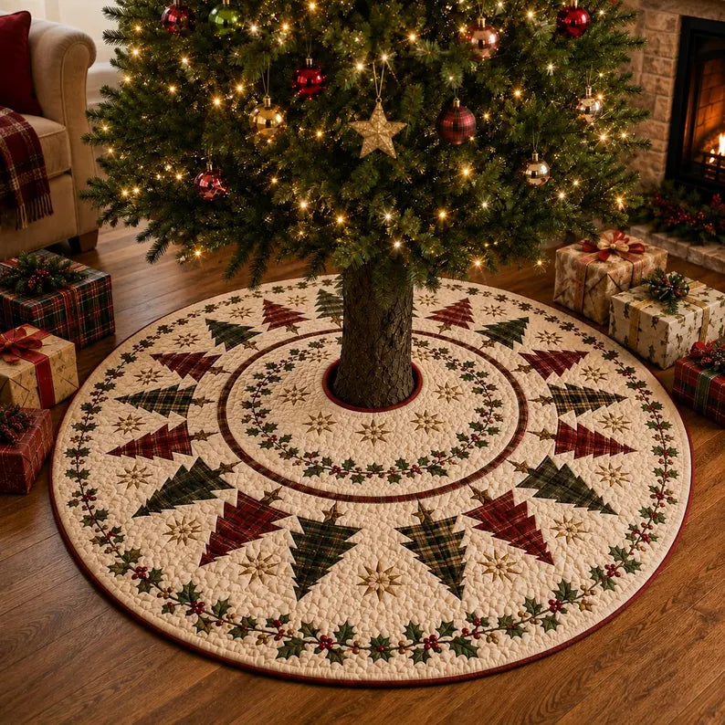 Christmas Tree Skirt, Quilt Style Plaid Christmas Tree Pattern, Holly Berry Holiday Tree Mat, Rustic Farmhouse Red Green Xmas Decor. CTSPETAL10