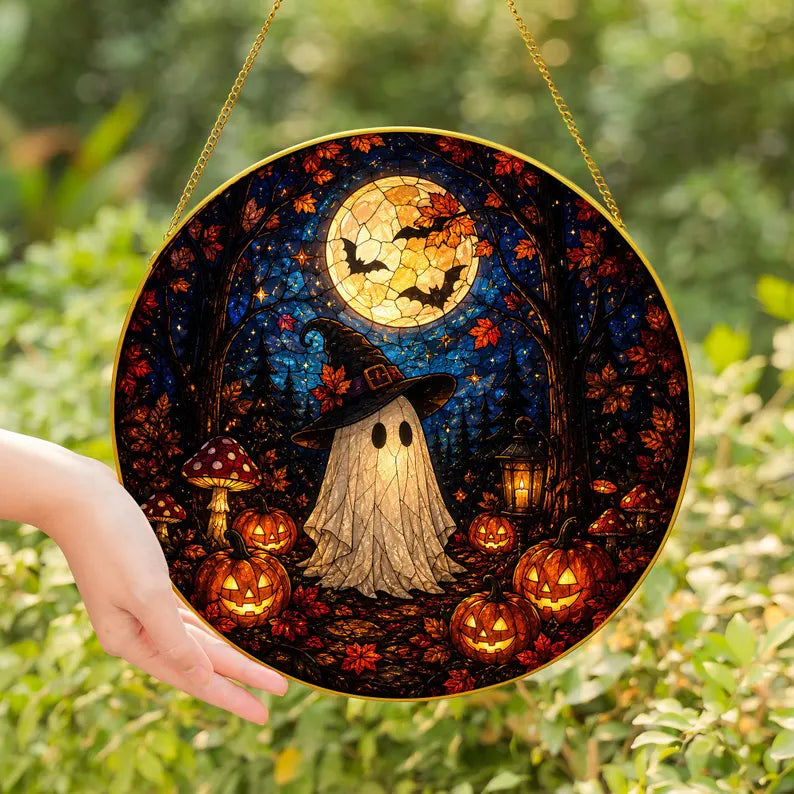 Halloween Ghost Pumpkin Stained Glass Window Suncatcher, Cute Spooky Hanging Decor, Fall Home Ornament Art Piece - Golden Frame. HSPETAL15