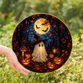 Halloween Ghost Pumpkin Stained Glass Window Suncatcher, Cute Spooky Hanging Decor, Fall Home Ornament Art Piece - Golden Frame. HSPETAL15