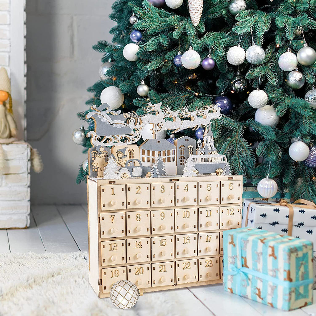 Wooden Christmas Advent Calendar with 24 Drawers, Santa Sleigh Reindeer Village Holiday Countdown Decor – ACPETAL05