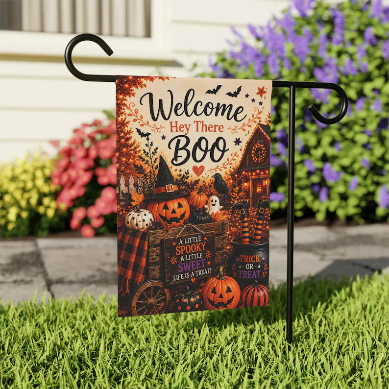 Halloween Garden Flag Welcome Boo Decor, Spooky Cute Pumpkin Porch Flag, Trick or Treat Fall Yard Decoration Welcome Flag. HLWGFPETAL18