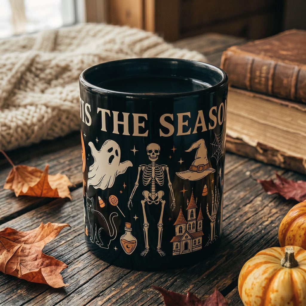 Spooky Halloween Ghost Skeleton Mug, Cozy Fall Coffee Cup. MPETAL14