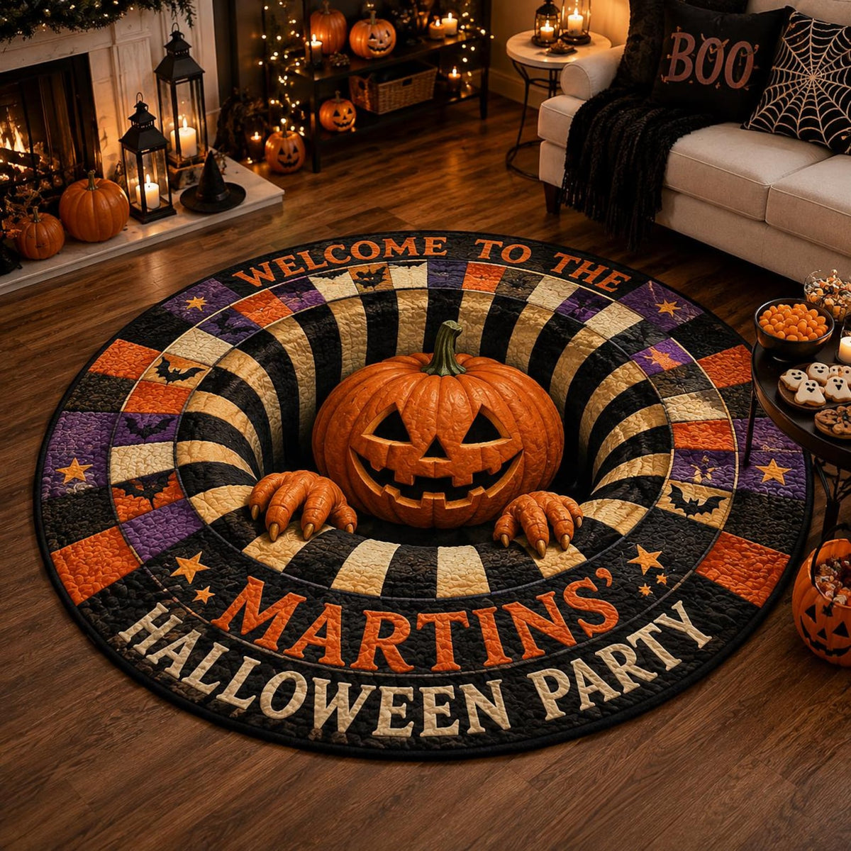 Personalized 3D-Look Pumpkin Halloween Rug, Round Quilted Floor Mat with Custom Family Name. QRPETAL29