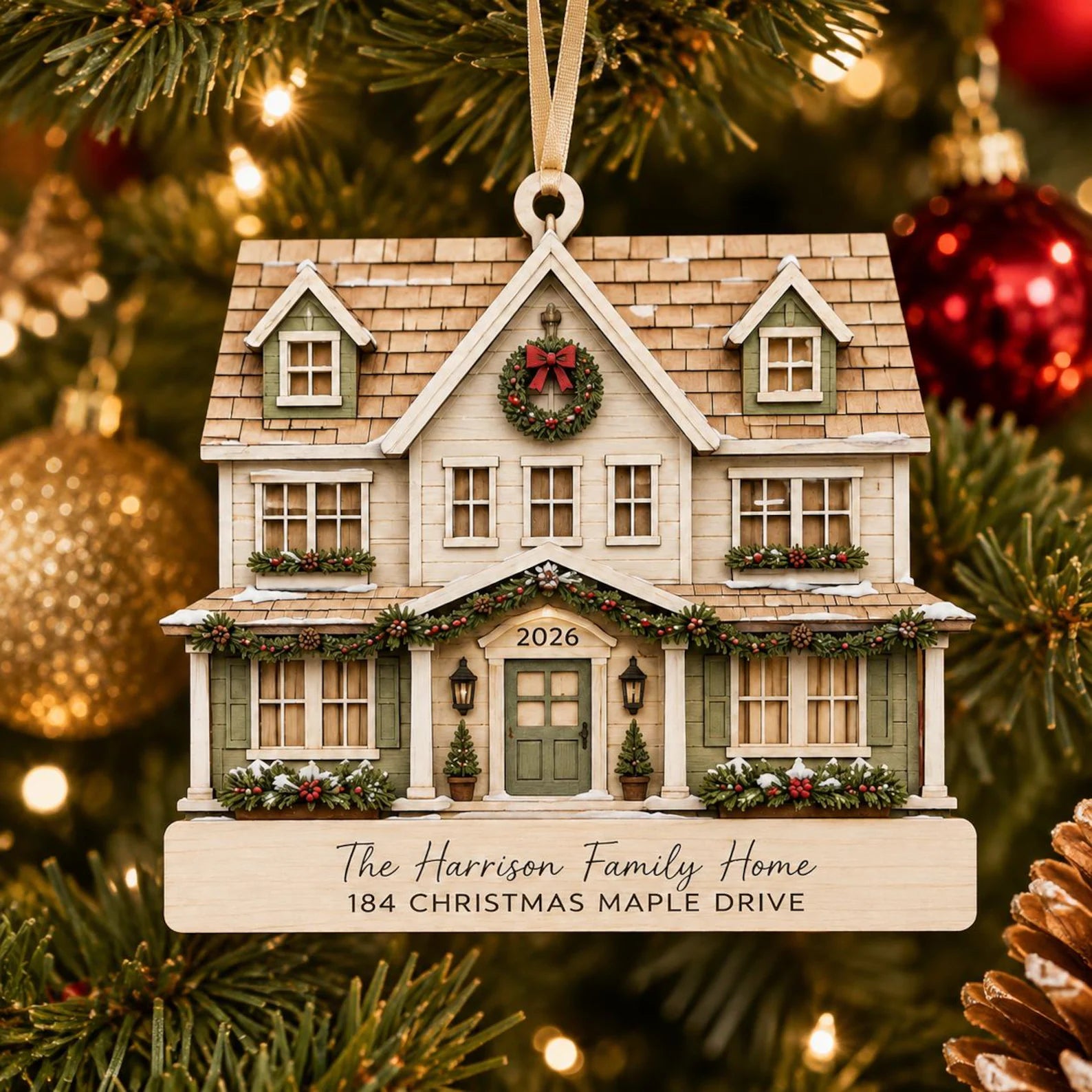 Personalized 2D Flat Family Home Christmas Ornament, Custom House Address Wooden Ornament, New Home Gift, Housewarming Keepsake 	COPETAL04
