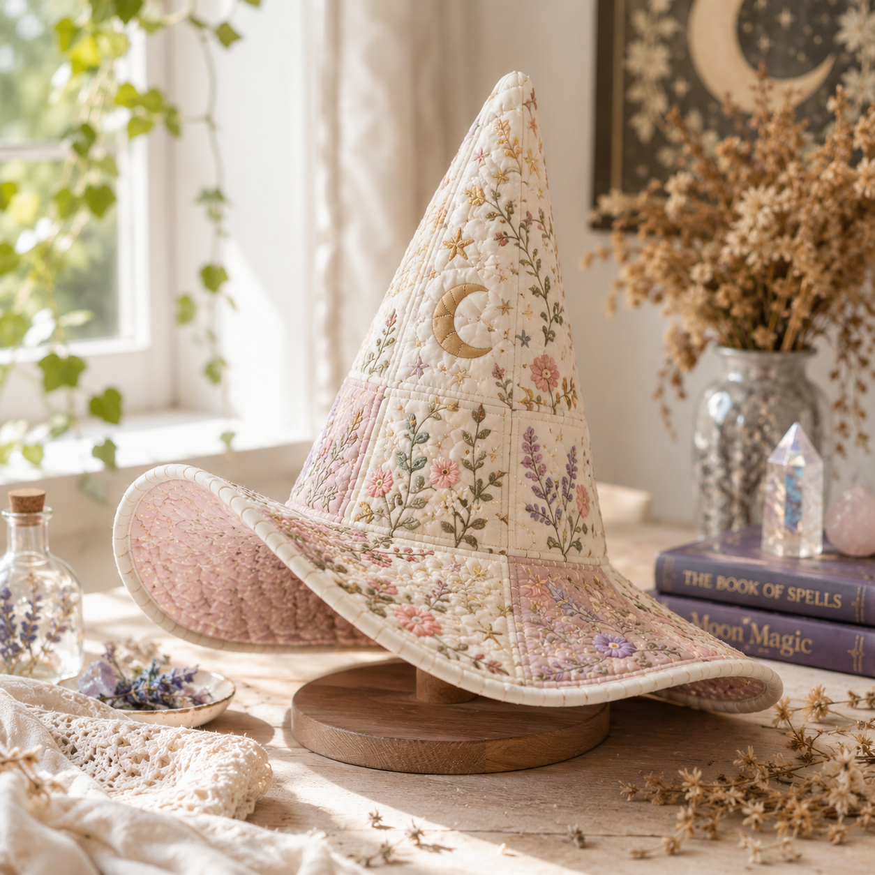 Floral Quilted Witch Hat for Women – Soft Padded Cottagecore Halloween Costume Hat with Moon & Botanical Design. QWHPETAL8