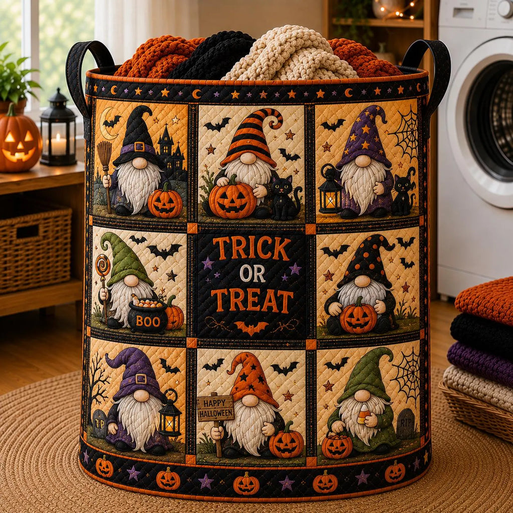Halloween Gnome Quilted Laundry Basket, Trick Or Treat Storage Hamper, Witch Gnome Pumpkin Bin, Spooky Halloween Decor. HLWLBPETAL11