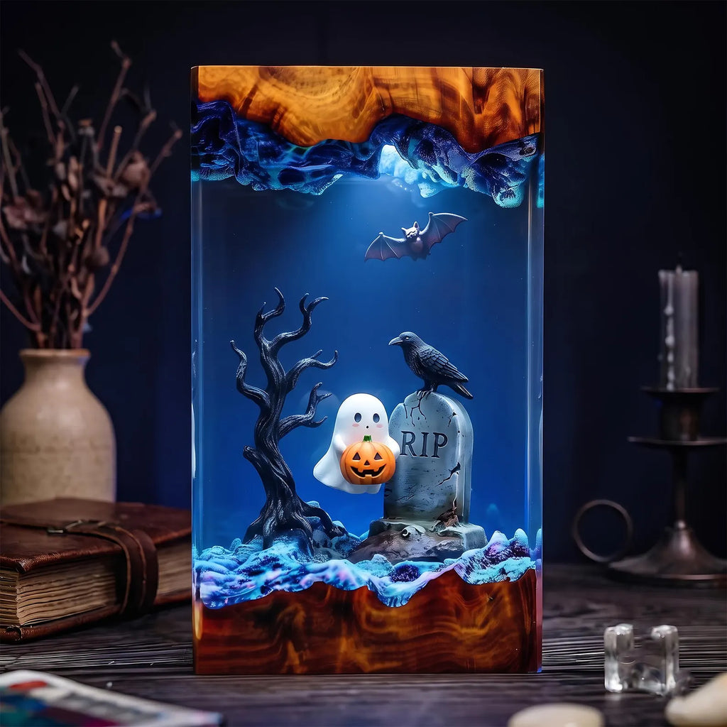 Haunted Raven Resin Lamp, Ghostly Cemetery Night Light, Jack O Lantern Decor, Flying Bats, Handmade Epoxy Halloween Gift. RLPETAL16