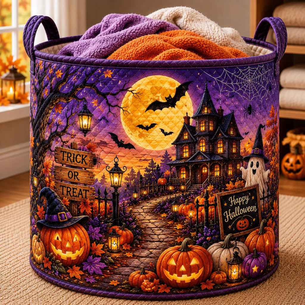 Halloween Quilted Laundry Basket, Spooky Storage Bin, Pumpkin Decor Hamper, Haunted House Organizer, Trick or Treat Basket. HLWLBPETAL6