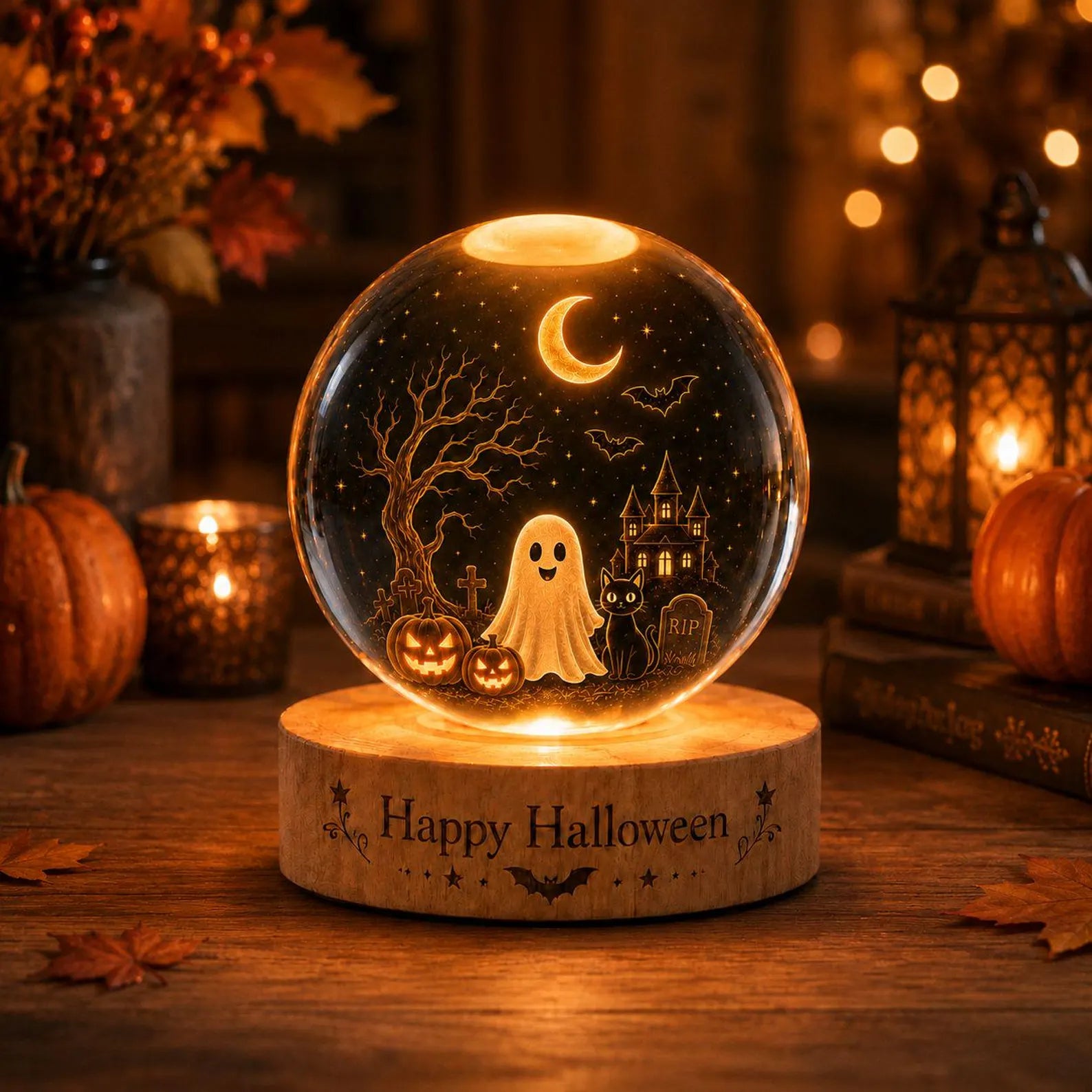 Halloween Crystal Ball LED Night Light Ghost Pumpkin Moon Glass Sphere Lamp Spooky Fall Decor Gift for Home Bedroom Desk. LEDPETAL5