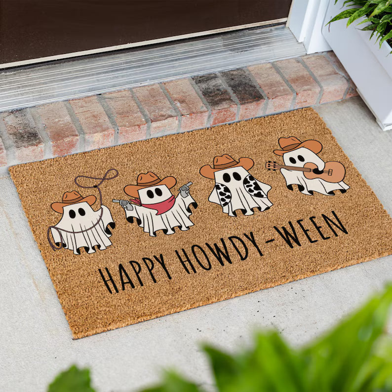 Halloween Cowboy Ghost Doormat, Happy Howdy-Ween Doormat, Fun Decorative Welcome Mat for Spooky Season, Cowboy Ghost Themed Home Decor. DMPETAL21