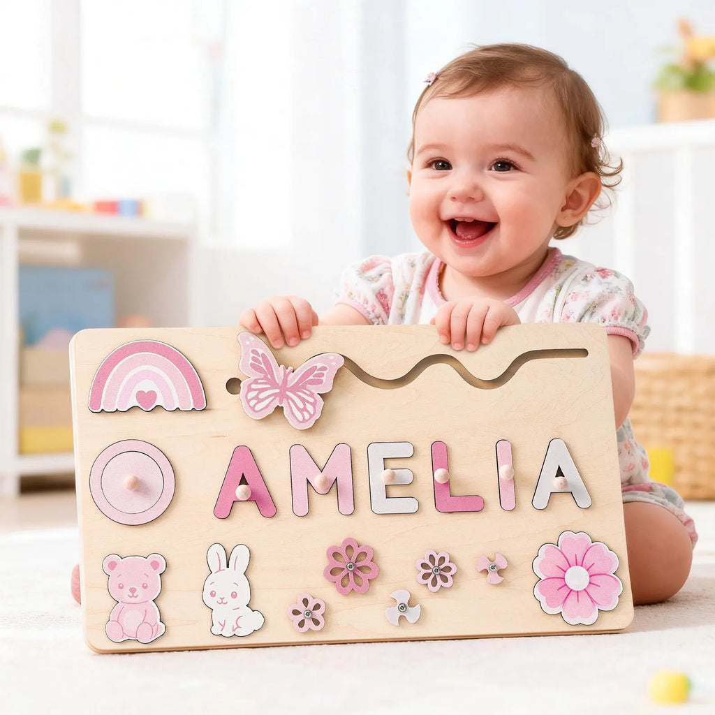 Custom Baby Girl Name Puzzle, Wooden Montessori Toys, Christmas Gifts for Toddlers, 1 year old gifts, Personalized 1st Girl birthday gifts. NPPETAL19