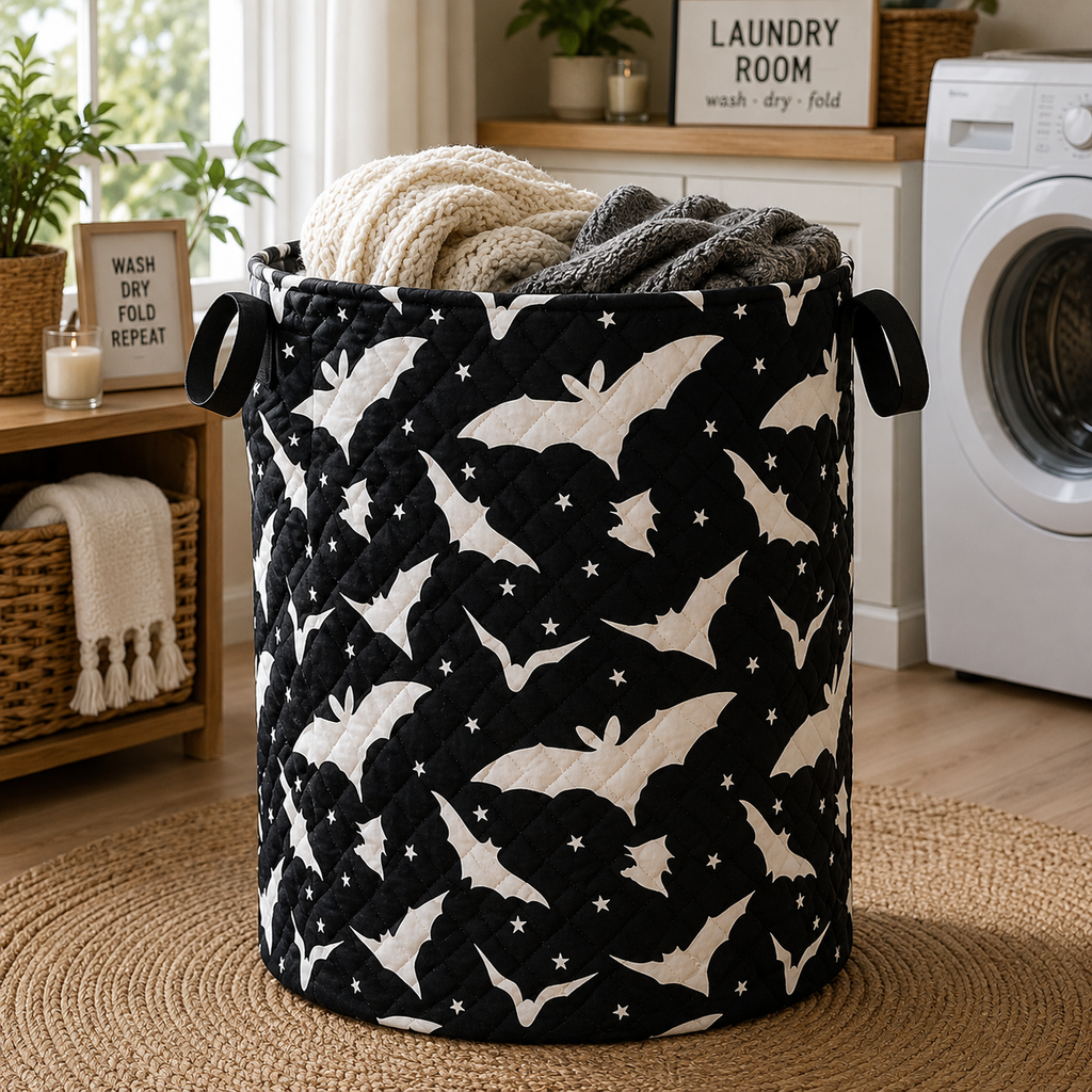 Black Bat Quilted Laundry Basket, Halloween Blanket Storage Bin, Spooky Bat Fabric Hamper, Fall Home Decor Basket with Handles. HLWLBPETAL17