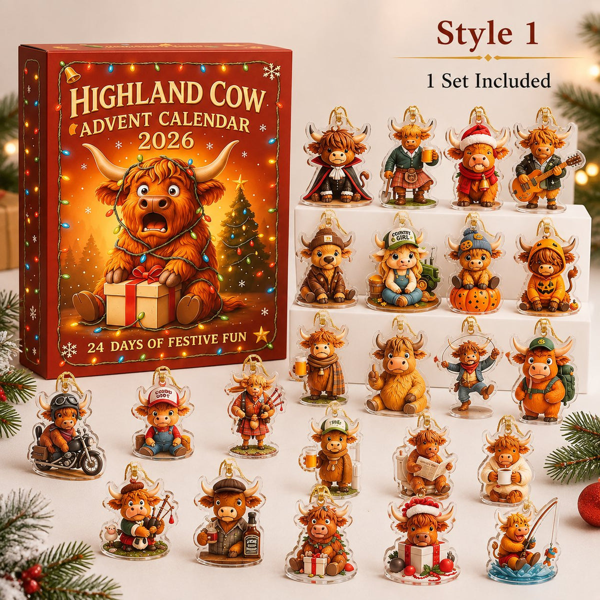 Personalized Highland Cow Advent Calendar 2026, 24 Day Of Christmas Ornaments Countdown Calendar, Cute Farm Animal Holiday Gift for Kids & Family AXMAS01