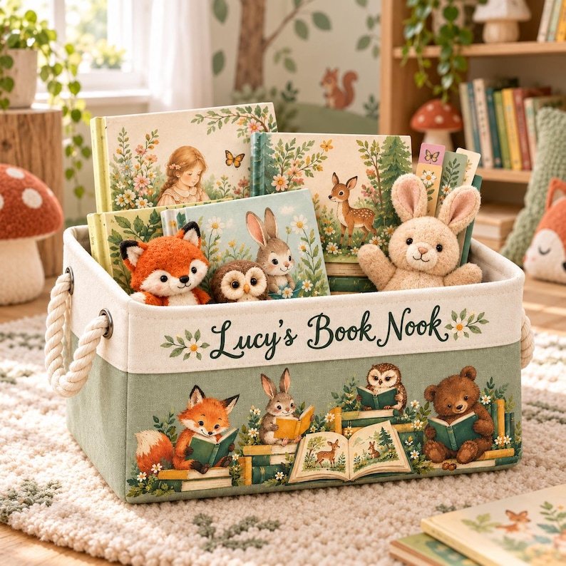 Personalized Book Storage Basket,  Sage Green Fabric Organizer with Woodland Animals and Rope Handles BBPETAL12