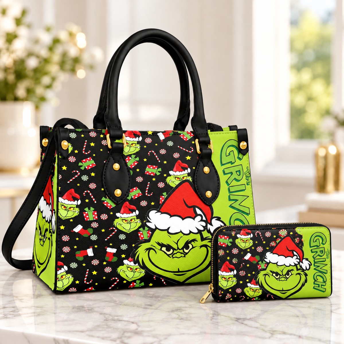 Personalized Grinch Leather Handbag, Grinch Christmas Leather Tote Bag, Grinch Wallet, Christmas Bag Gift GBAG01