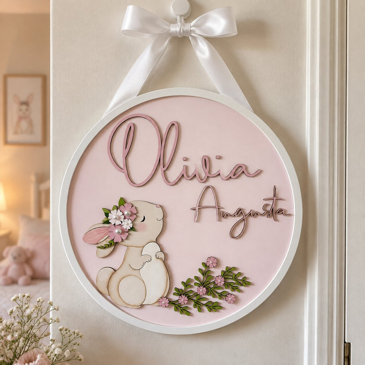 Personalized Baby Name Wooden Sign, Custom Bunny Nursery Door Sign, Floral Kids Room Decor, Baby Girl Name Plaque, Baby Shower Gift WOODKID01
