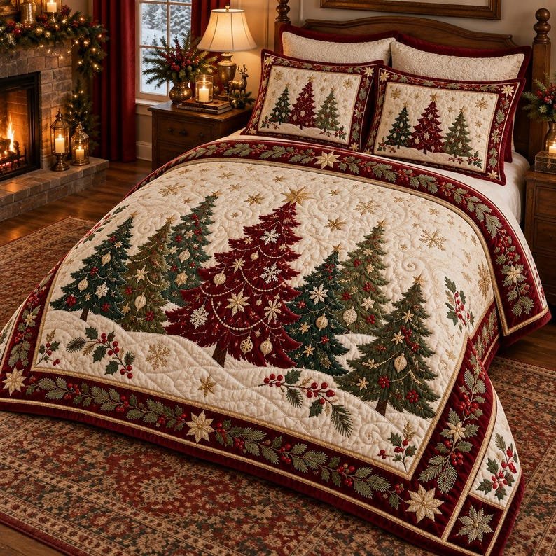 Christmas Tree Quilted Bedding Set, Burgundy Green Holiday Bedspread with Pillowcases, Festive Winter Bedroom Decor, Bedding Decor PTBED01