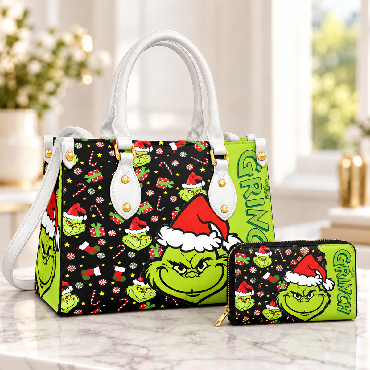 Personalized Grinch Leather Handbag, Grinch Christmas Leather Tote Bag, Grinch Wallet, Christmas Bag Gift GBAG01